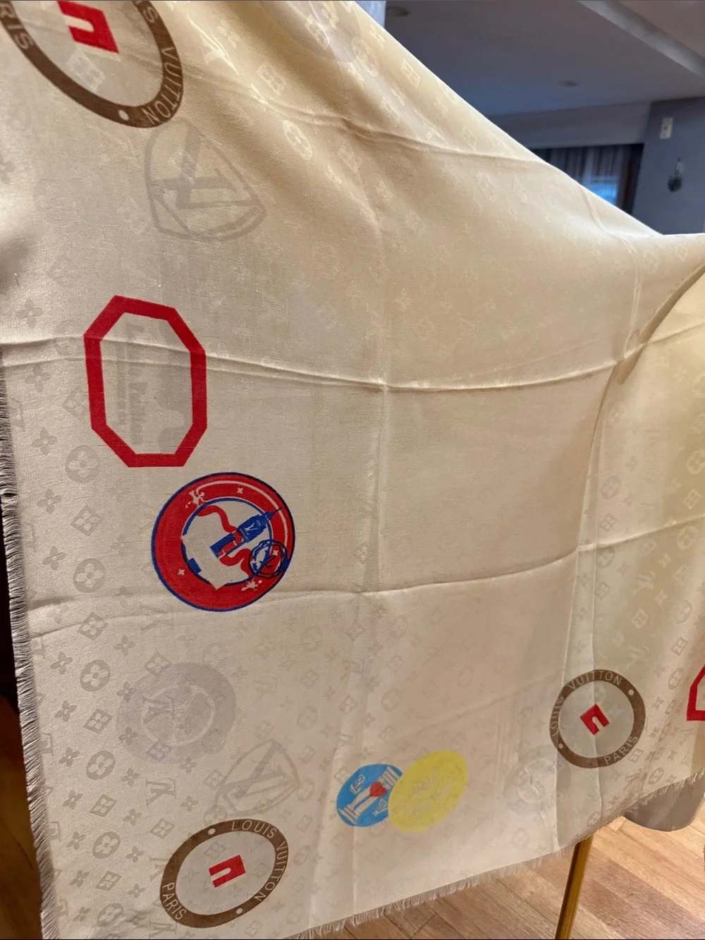 Louis Vuitton Cream Silk Scarf with Multicolored Patch Motifs